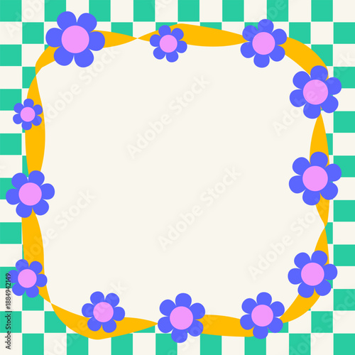 緑×白ブロック　レトロポップフラワー

