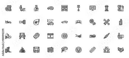 Car service icon set. Vector automotive repair icons. Includes mechanic, tires, battery, engine, oil, brake, diagnostic, garage, maintenance and more. Editable stroke.