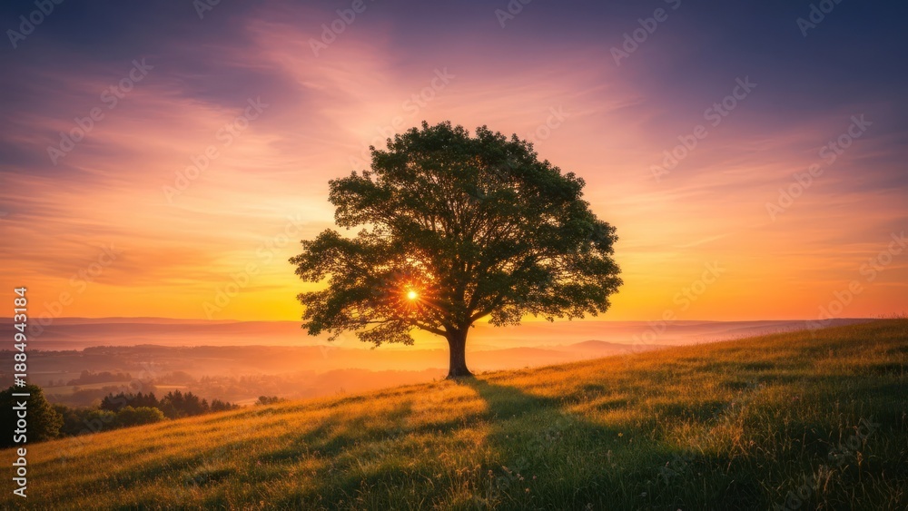 Fototapeta premium A lone tree silhouetted against a vibrant sunset sky on a grassy hillside