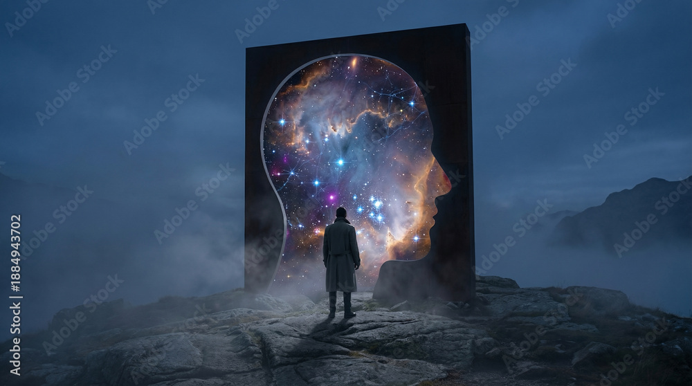 © Artiroz - Awe-Inspiring Vision Lone Figure Gazes at a Cosmic Portal Revealing the Universe Within a Human Mind Silhouette, Symbolizing Deep Introspection and Infinite Knowledge