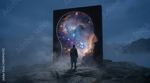 Awe-Inspiring Vision Lone Figure Gazes at a Cosmic Portal Revealing the Universe Within a Human Mind Silhouette, Symbolizing Deep Introspection and Infinite Knowledge