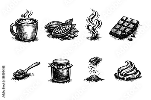 Hand-drawn collection of cocoa and chocolate elements on a black background