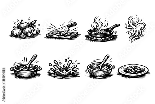 Hand-drawn culinary icons depicting ingredients, preparation, and serving of food