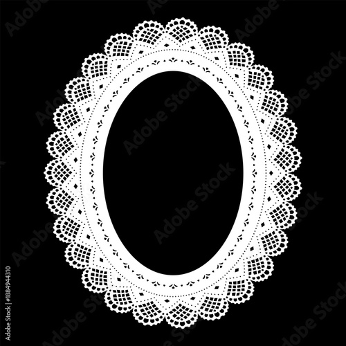 Vintage lace doily portrait frame, frilly white scalloped pattern border design on black background. Copy space for fashion and decor, oval pictures, albums, scrapbooks, holidays. 