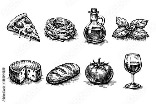 Hand-drawn Italian food ingredients including pizza, pasta, cheese, bread, tomato, basil, olive oil, and wine