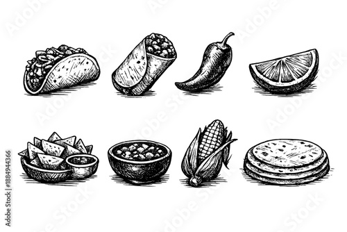 Hand-drawn sketch of various Mexican food items and ingredients on a black background