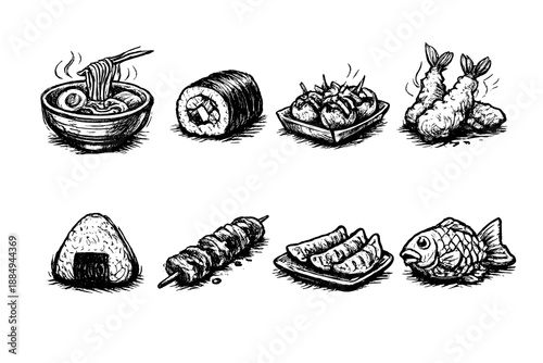 Collection of Japanese food illustrations in a sketch style, perfect for culinary themes