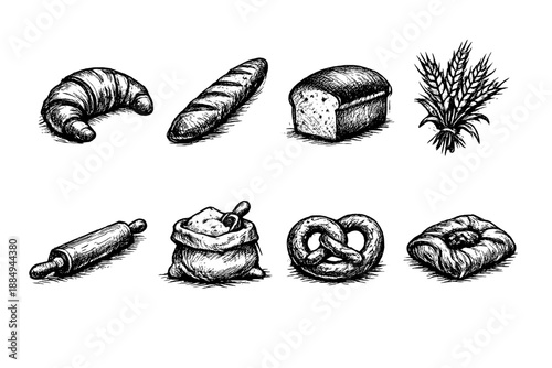 Collection of hand-drawn bakery items and baking tools on a black background