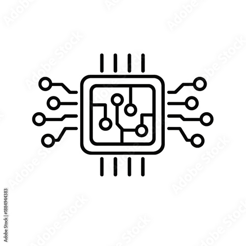Minimal line icon of artificial intelligence microchip symbol, technology processor concept, isolated on white background