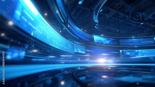 Futuristic blue virtual news studio with glowing screens and reflective surfaces.