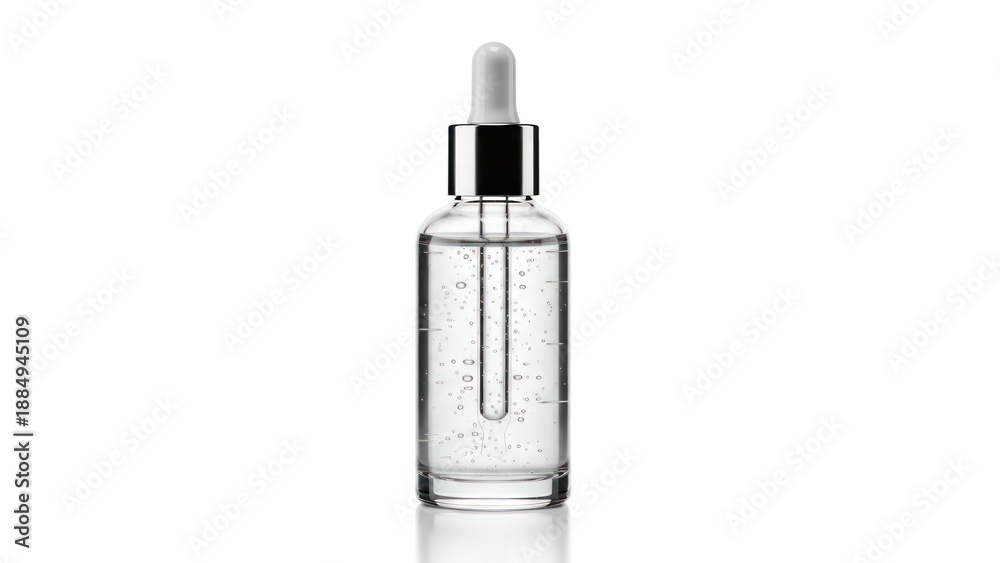 Fototapeta premium Clear glass serum bottle with dropper, containing liquid, isolated on white background