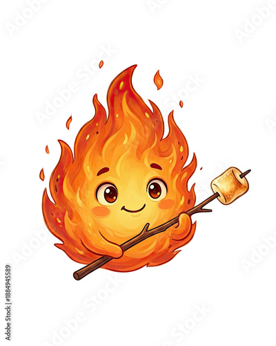 authentic human lifestyle concept Cute cartoon fire character roasting a marshmallow. Adorable kawaii campfire mascot illustration for camping, isolated on black background. modern commercial stock us