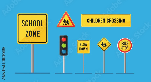 This flat design vector illustration features a set of school zone and children safety signs, including crossing and slow down indicators, crucial for protecting young pedestrians. 