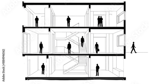 Architectural cross-section illustrating human activity and circulation within a multi-story building design
