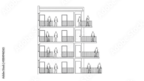 Cross-section illustration of a modern apartment building with balconies and residents