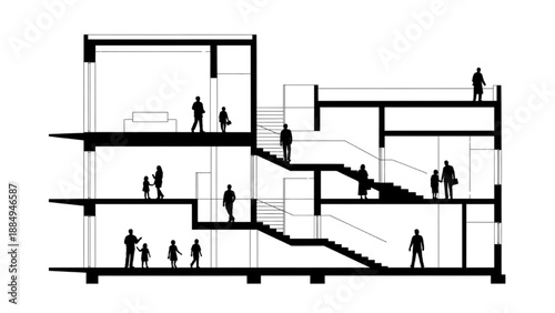 Architectural Section Drawing Illustrating Multi-Level Interior Spaces and Staircases