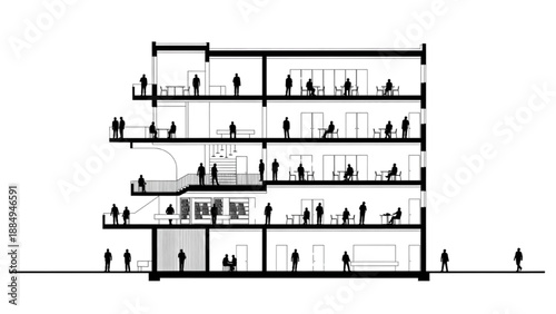 Architectural Cross-Sectional View of a Multi-Story Building with Occupants