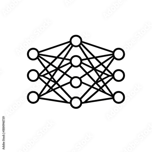 Abstract neural network line icon with connected nodes, digital technology and artificial intelligence concept on black background