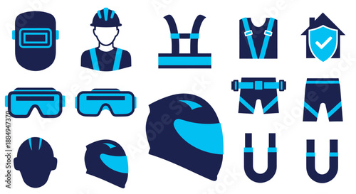 Set of safety gear and protective equipment icons for industrial and construction use.