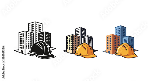 Construction helmets placed in front of city buildings representing urban development and safety.
