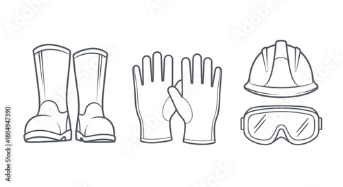 Set of essential personal protective equipment including boots gloves helmet and goggles.