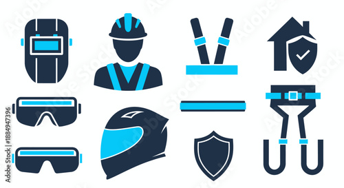 Set of safety equipment icons including helmet goggles gloves and protective gear.