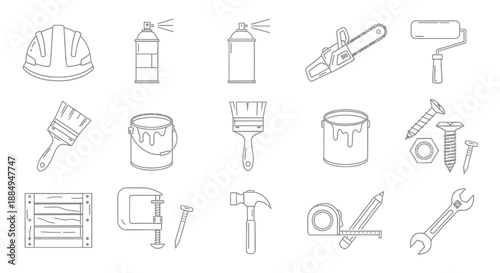 Set of various construction and painting tools icons in line style.