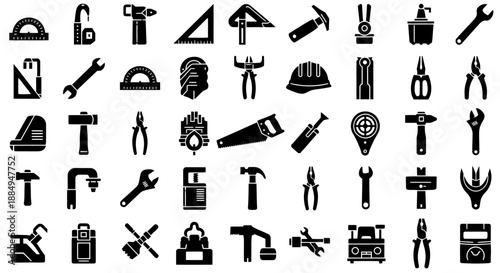 Collection of various black construction and repair tool icons on white background.