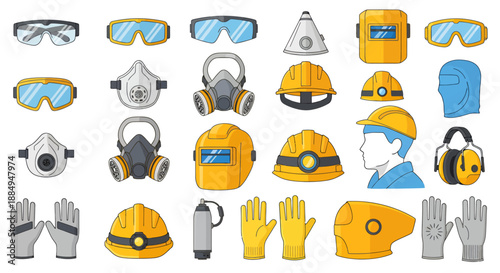 Set of safety equipment and protective gear icons for workplace and industrial safety.