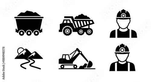 Set of black mining industry icons including coal cart, dump truck, miner and excavator.