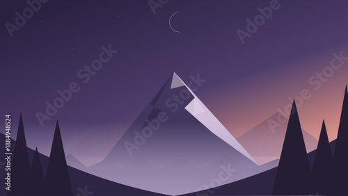 Night Mountain Landscape Vector Illustration, Minimal Dark Nature Background with Moonlight Sky, Abstract Twilight Scenery, Atmospheric Outdoor Design for Weather App Background, Mobile UI, Website.
