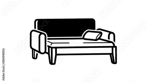Stylized monochrome illustration of a comfortable lounge sofa with a cushion, representing modern interior furniture and home decor elements