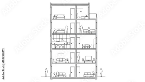 Architectural cross-section view of a modern multi-story residential building, detailing apartment floor plans