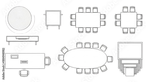 Versatile Top-Down Furniture Layouts Tables and Chairs for Meeting Rooms, Offices, and Dining