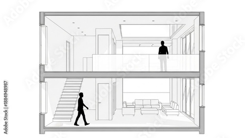 Architectural Cross-Section of a Modern Two-Story Residential Interior with People and Contemporary Furnishings