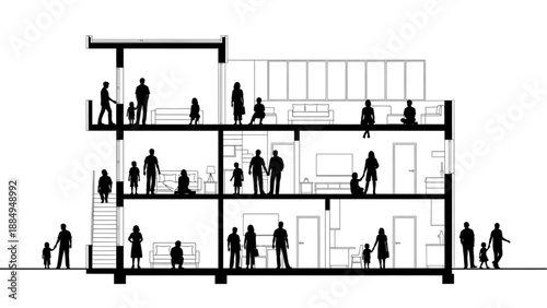 Diverse family life depicted in a multi-story architectural cross-section illustration