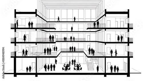 Modern architectural cross-section of a building showcasing interior spaces and human activity