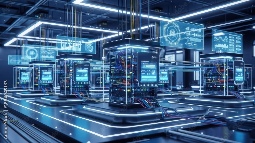 Fototapeta premium Futuristic server room with glowing blue lights, cables, and data displays