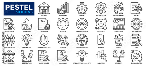Political, Economic, Social, Technological, Environmental, Legal (PESTEL) icon collection. Containing governance, taxation, inflation, society, digitalization, sustainability, intellectual property.	