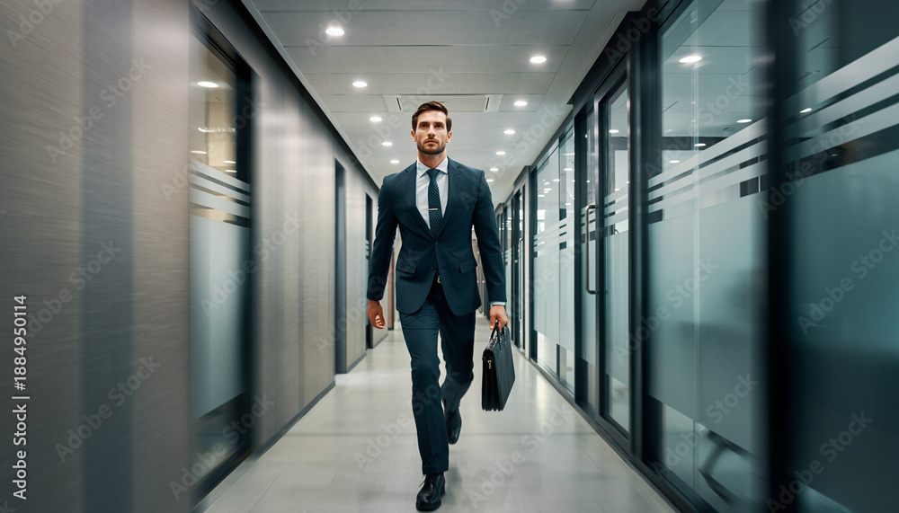 Fototapeta premium Confident businessman in a dark suit walking purposefully down a modern office corridor with a briefcase.