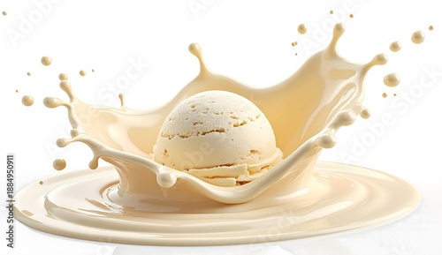 Creamy vanilla ice cream scoop splashing into a swirl of rich liquid vanilla on a white background