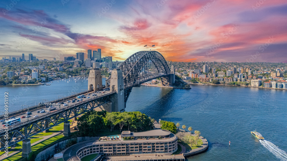 Fototapeta premium 21 January 2026 Aerial Drone View of Sydney Harbour Circular Quay on a nice Summer day beautiful Sky in Sydney NSW Australia