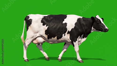 Sequential movement of Holstein dairy cows on vibrant green background with shadow details