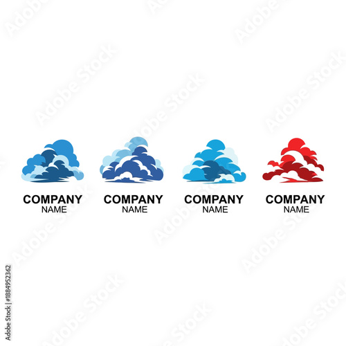 Four distinct cloud-like logo designs in varying shades of blue and red, each with a placeholder for a company name, against a clean white background.