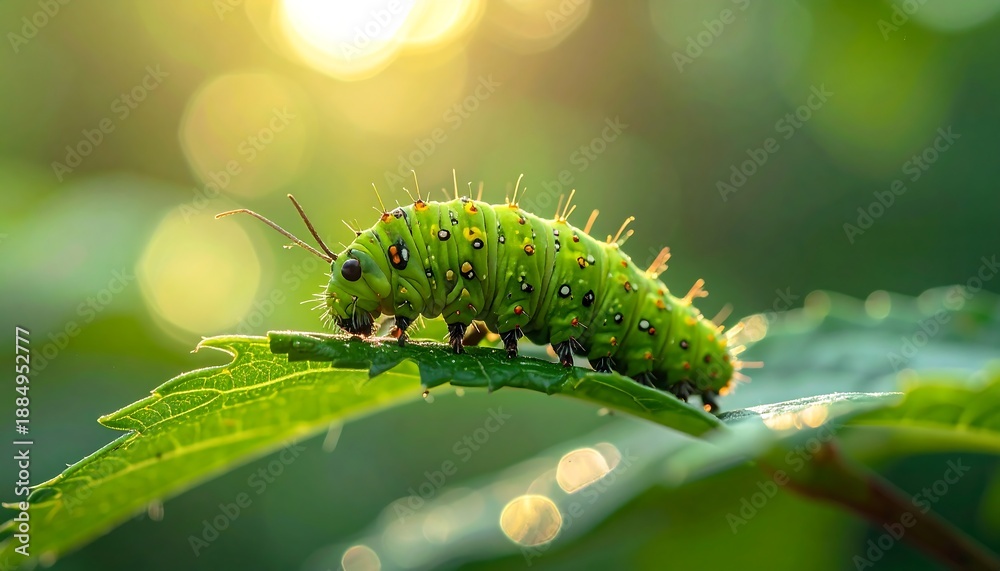 Fototapeta premium A vibrant green caterpillar, adorned with colorful spots and bristles, crawls gracefully on a lush green leaf, lit by warm sunlight