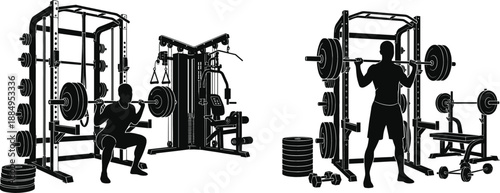 Bodybuilder silhouette set performing squats and overhead press with barbell in power rack for gym fitness and strength training concepts