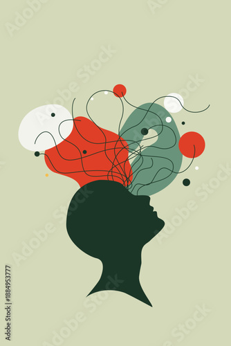 Abstract surreal human head silhouette with chaotic fluid thoughts bubbles lines in green red white black, minimalist overthinking mind brain concept digital vector illustration art.