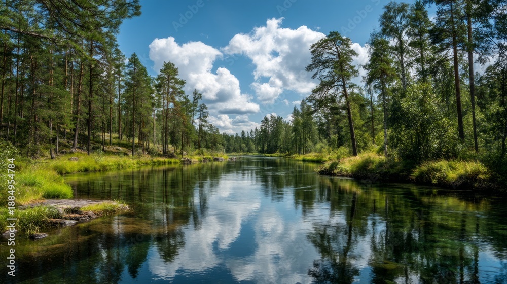 Fototapeta premium Tranquil Summer River Reflections Under Sunlight with Lush Green Surroundings