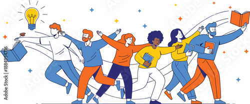 Vector illustration of a diverse group of people running with books featuring a lightbulb icon and star accents