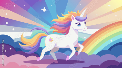 Enchanting Cartoon Unicorn Foal Trotting in Rainbow Mist Glow - AI-generated illustration